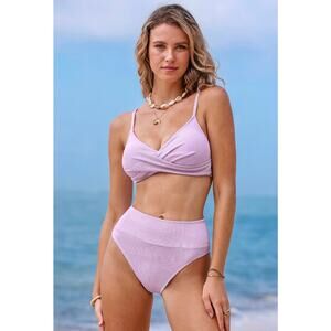 Cupshe Lavender Twisted Crinkle Bikini Top & High-Rise Bottom Set 2pc Swimsuit S